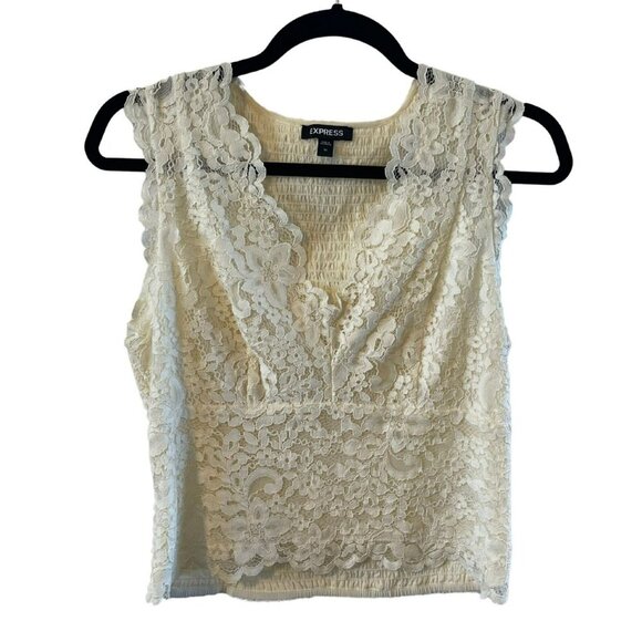 NWOT Express Ivory crochet Lace Corset Cropped Top M fitted v neck sleeveless - Picture 1 of 4